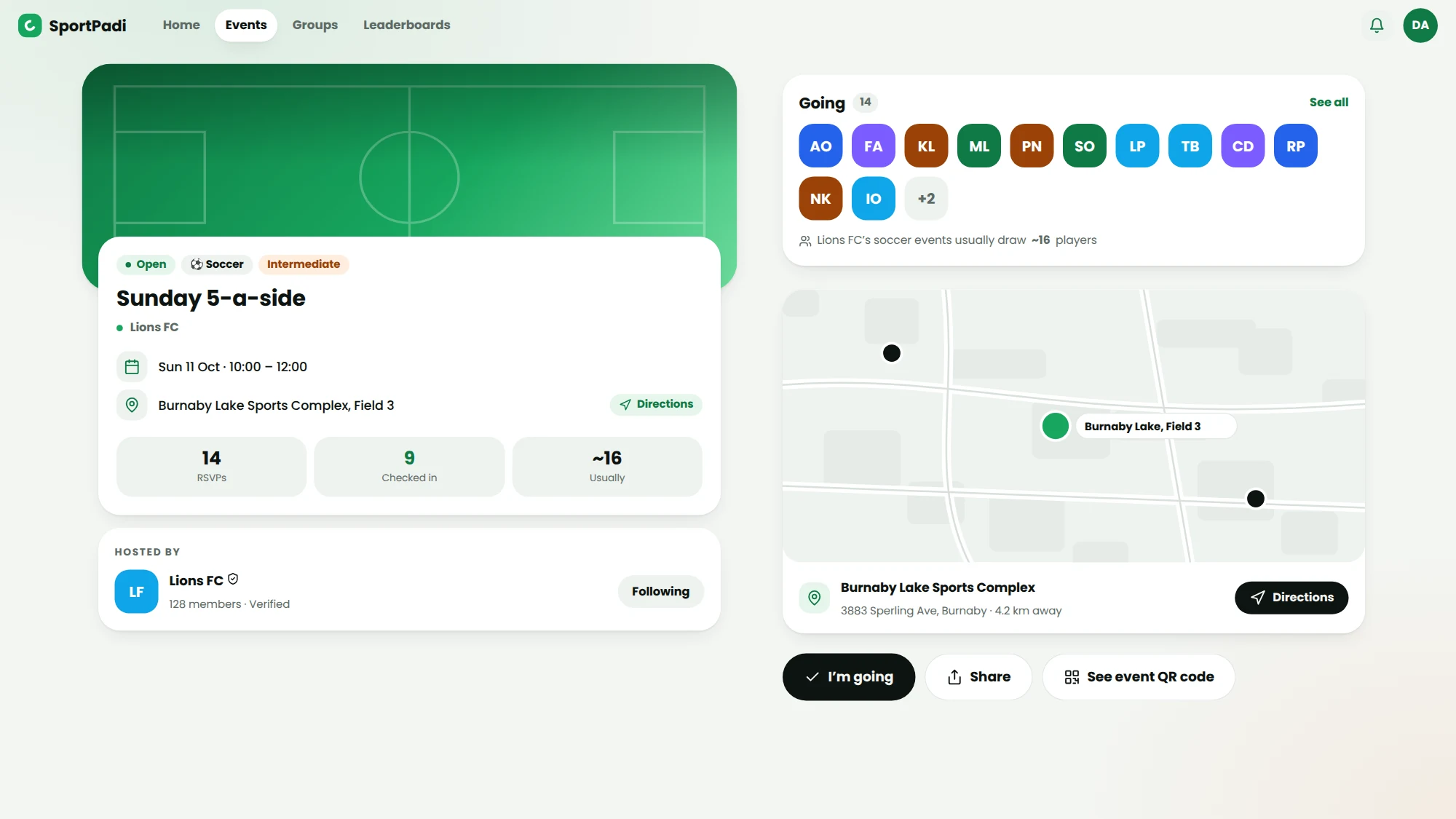 Event page: cover, date, venue map, interested players
