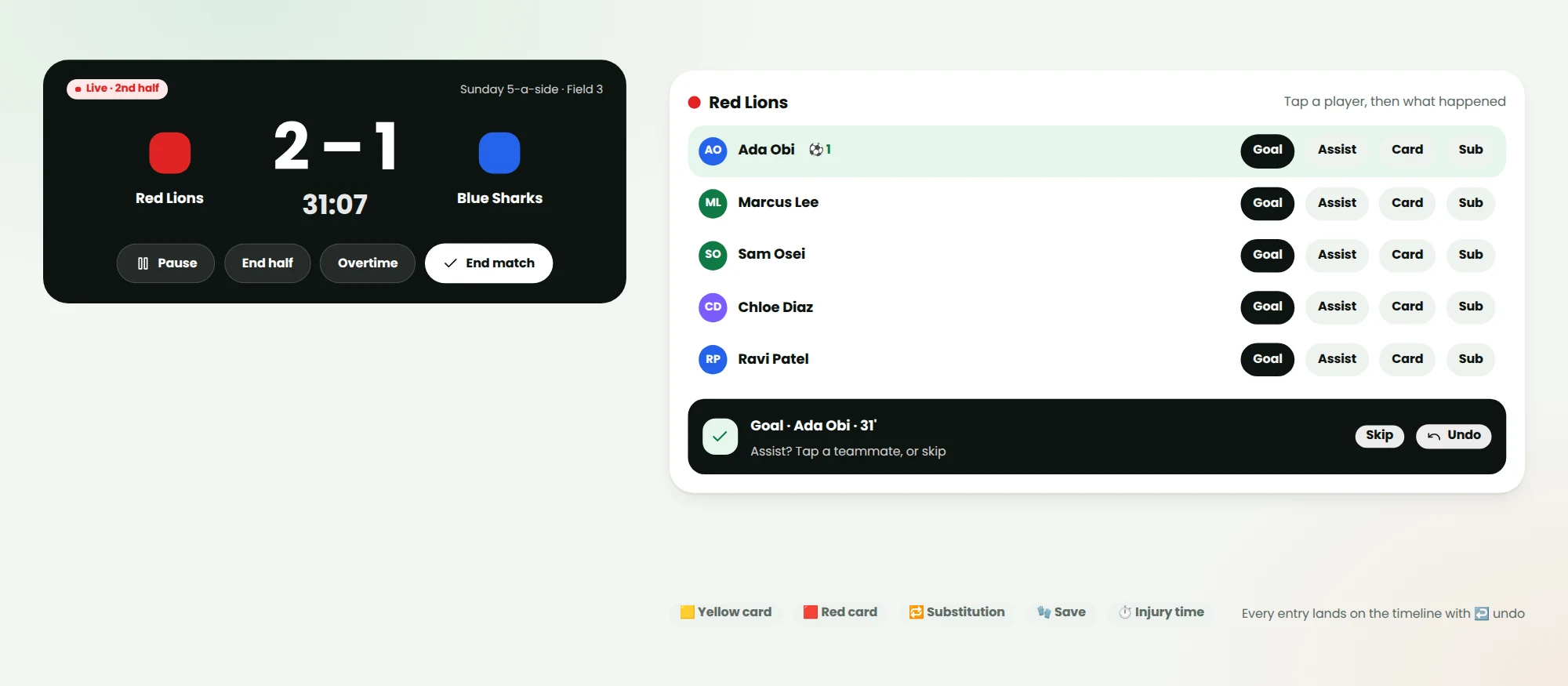 Record pad: player list with Goal / Assist / Card / Sub