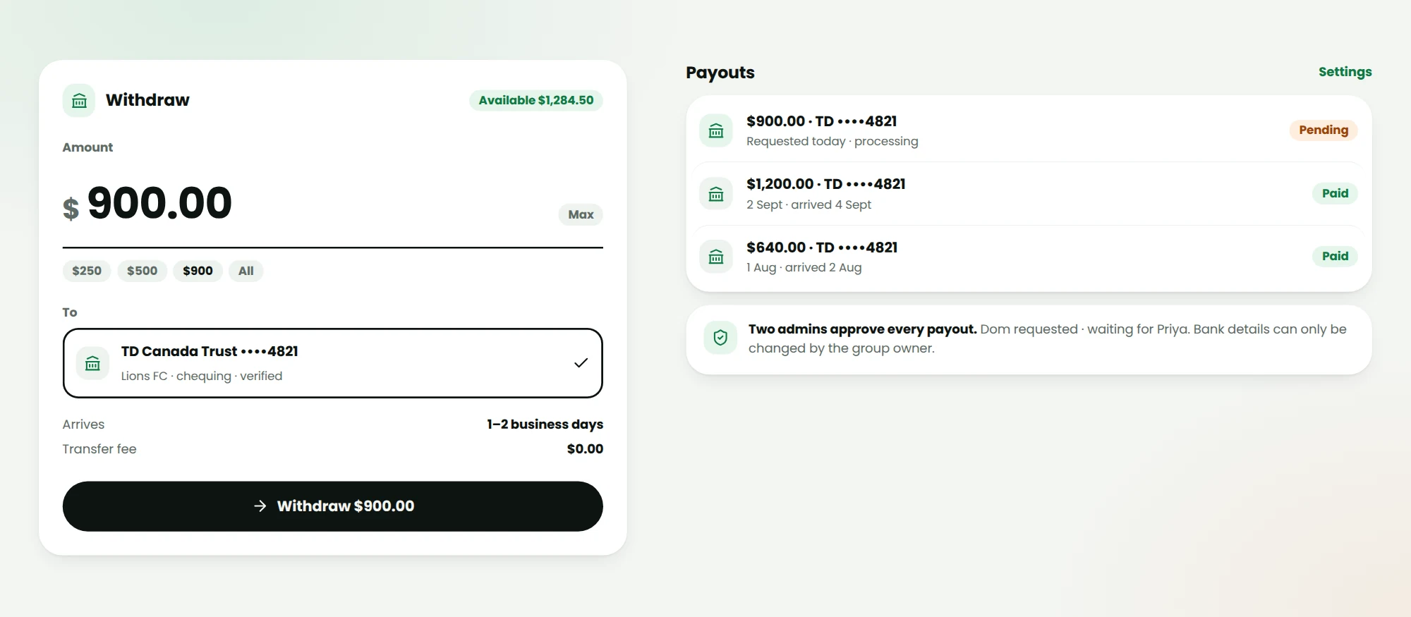 Withdrawal screen with payout amount and bank details