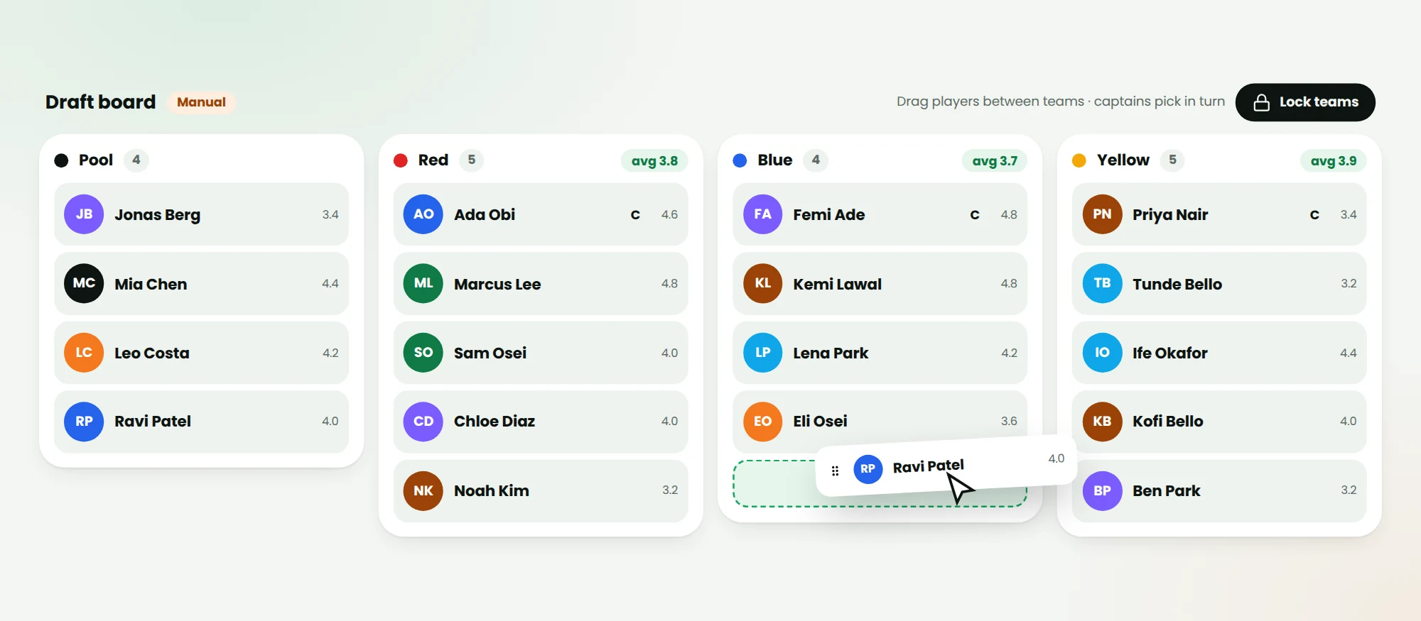 Draft board with drag-and-drop between team columns