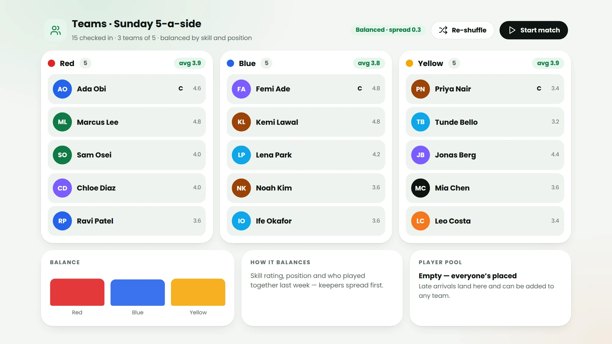 Team assignment board: players sorted into colored teams