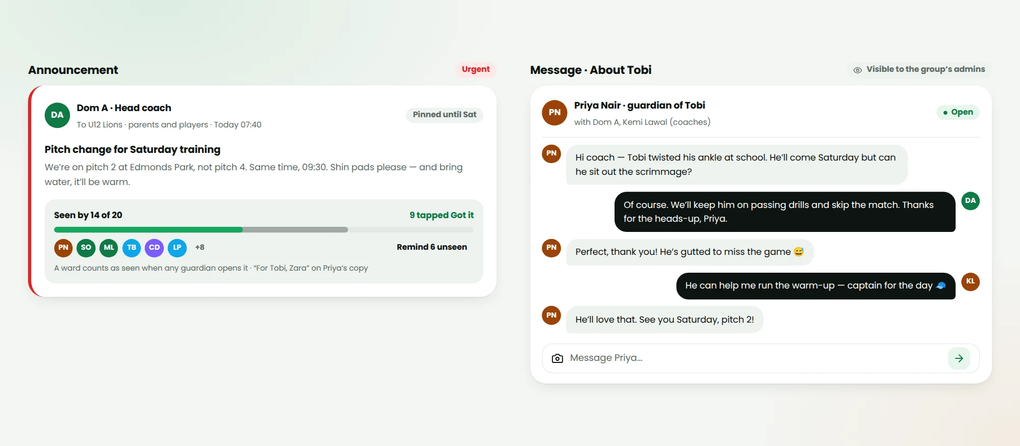 Announcement receipts: Seen by 14 of 20 · 9 tapped Got it; a message thread 'About Tobi' visible to admins
