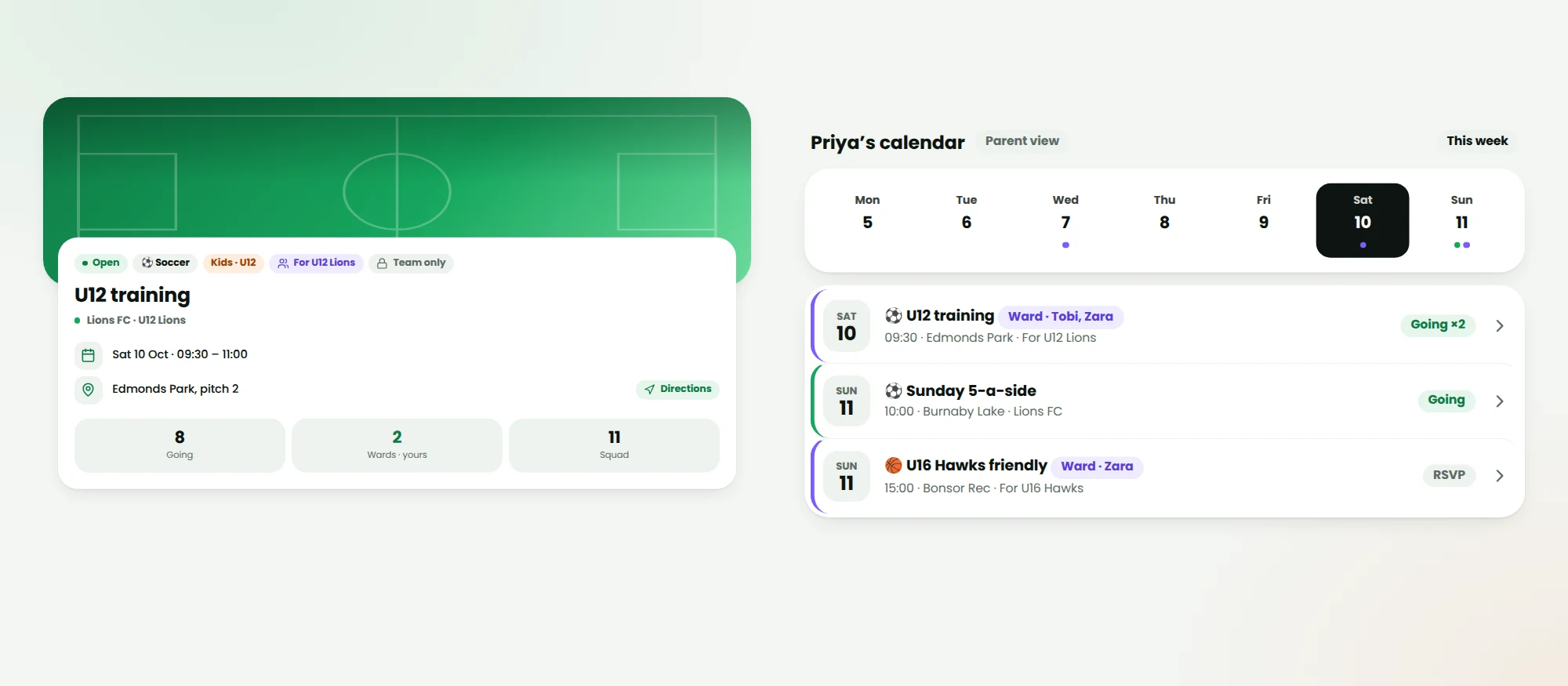 Event page with a 'For U12 Lions' chip; a parent's calendar entry tagged 'Ward · Tobi, Zara'
